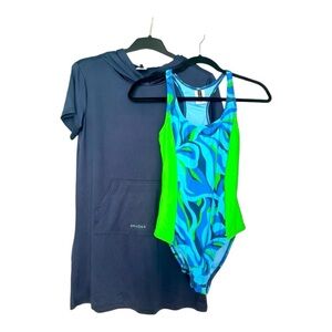 NWT Girls size M 10 Bathing suit set with cover-up one piece in blue and green